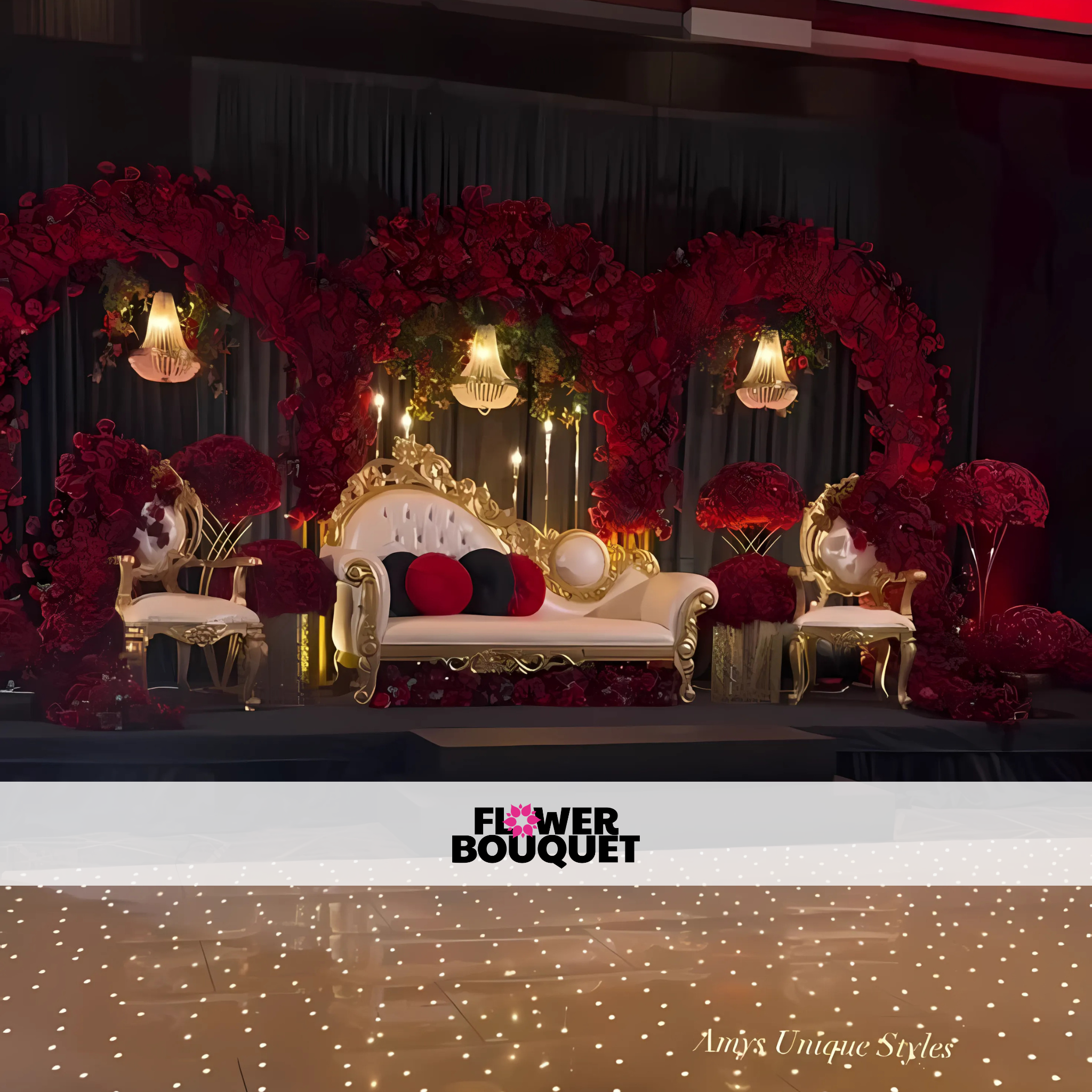 Opulent Red Rose Wedding Stage with Regal Sofa & Floral Arch