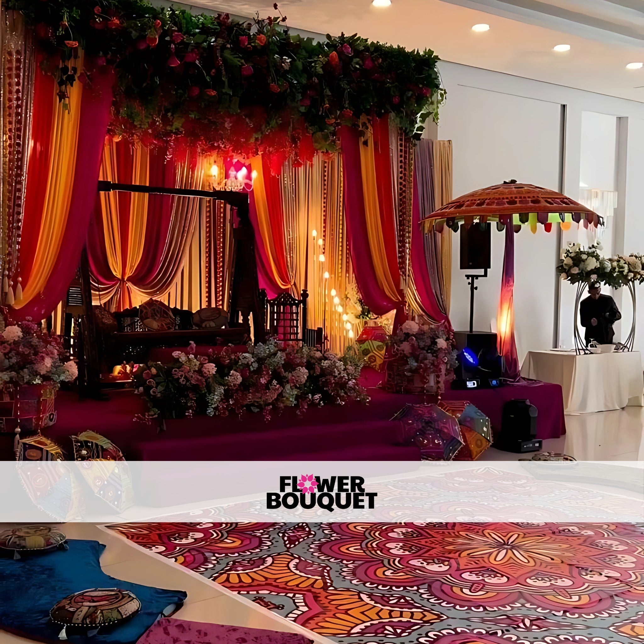 Majestic Mehndi Swing Setup with Elegant Drapes & Floral Arrangements