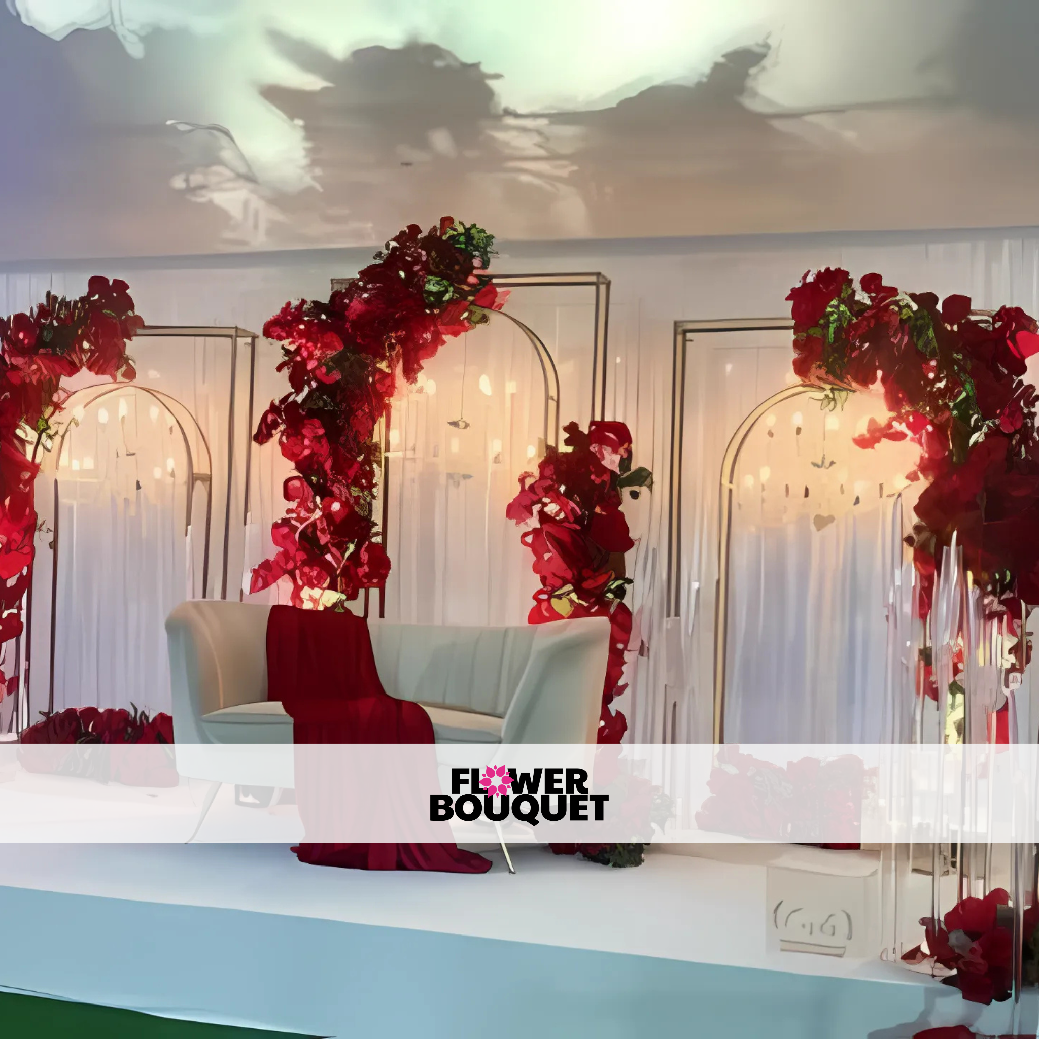 Modern Romantic Barat Stage with Red Floral Arches