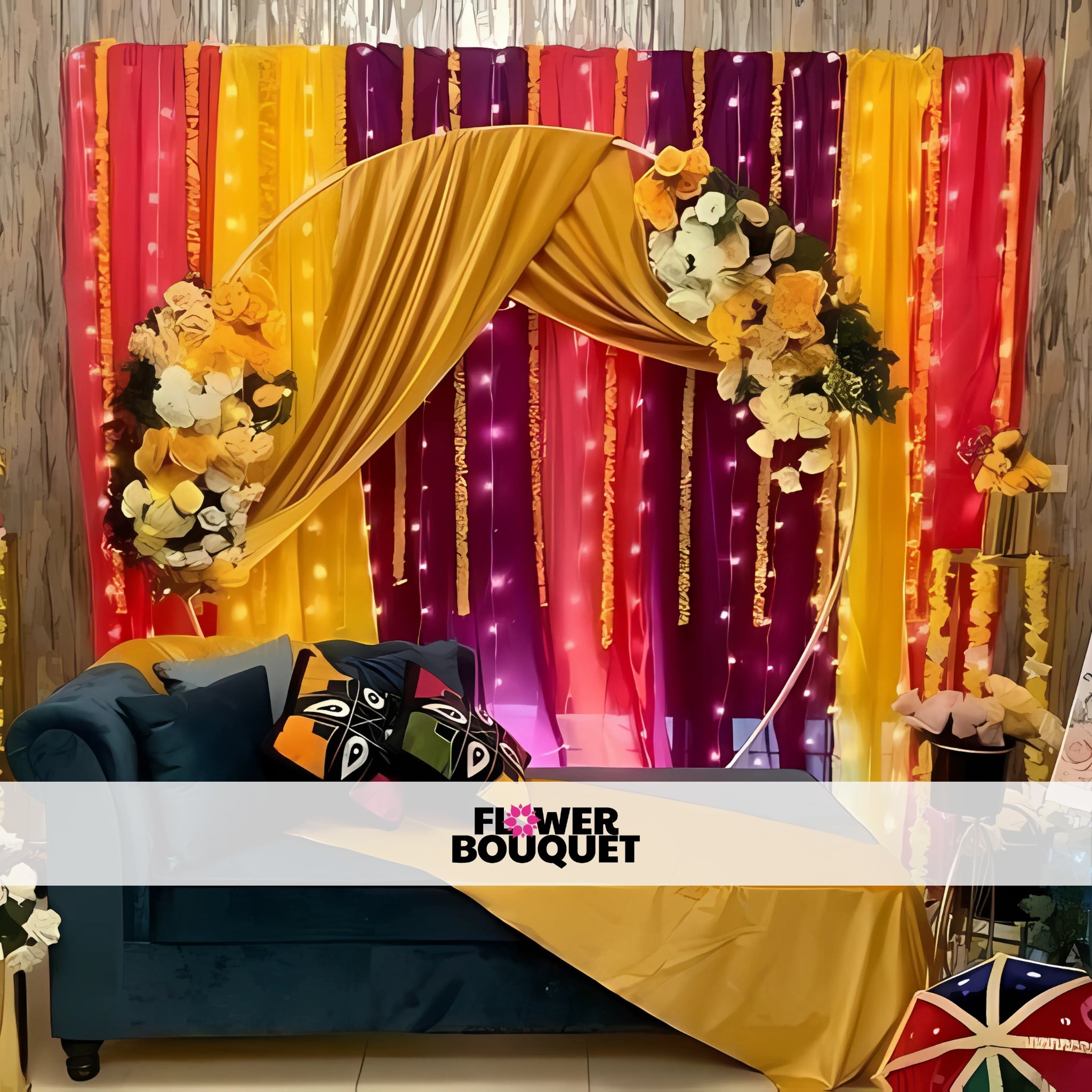 Modern Mehndi Backdrop with Circular Floral Design & Vibrant Drapes