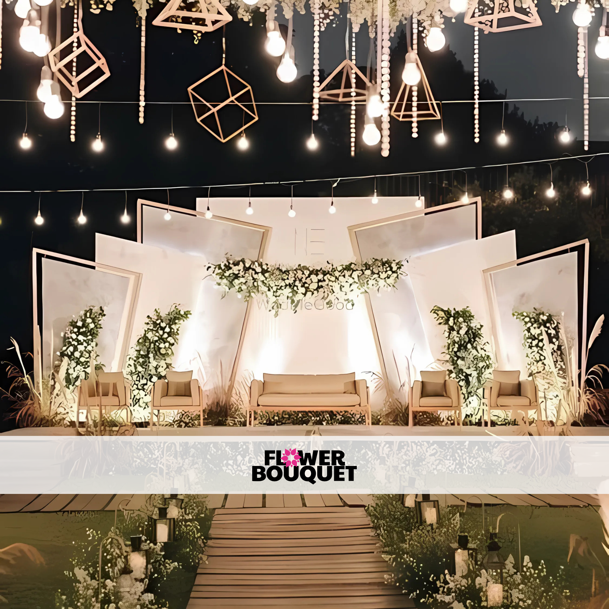 Modern Geometric Wedding Stage with Soft Florals & Minimalist Design