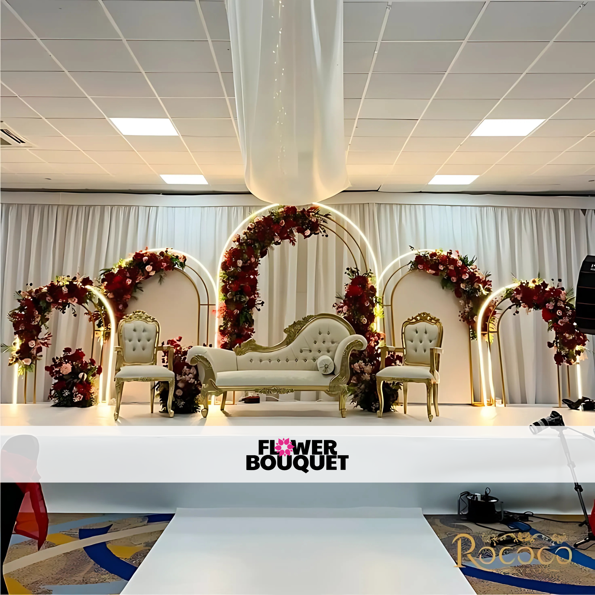 Modern Gold Arch Wedding Stage with Floral Elegance & Regal Seating