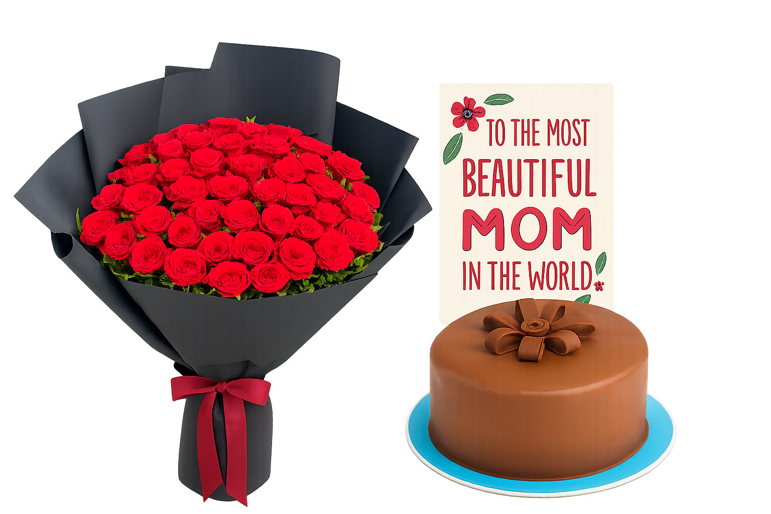 Mother’s Day Combo – 30-35 Red Roses, Chocolate Cake & Greeting Card