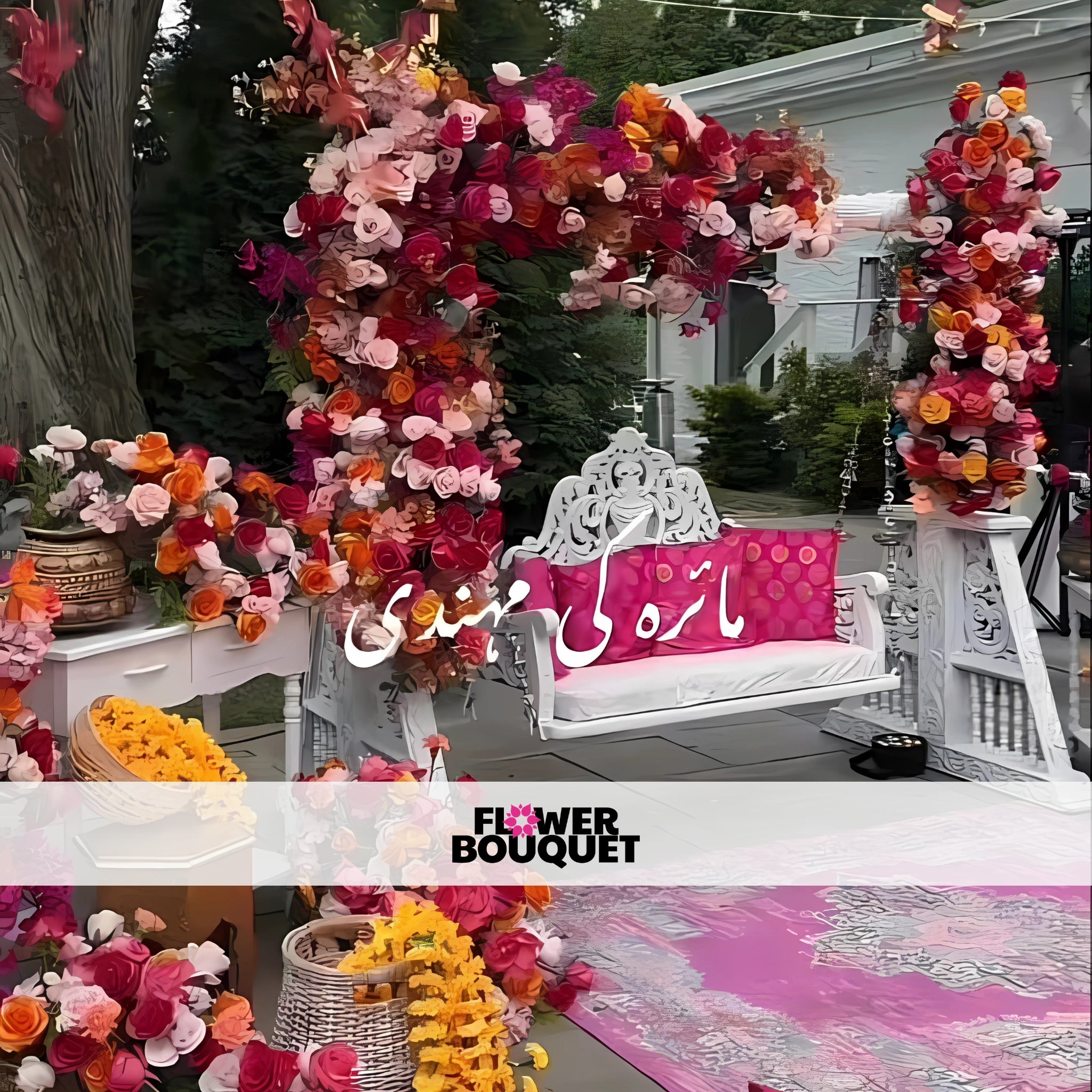 Outdoor Floral Mehndi Swing Setup with Marigold Strings