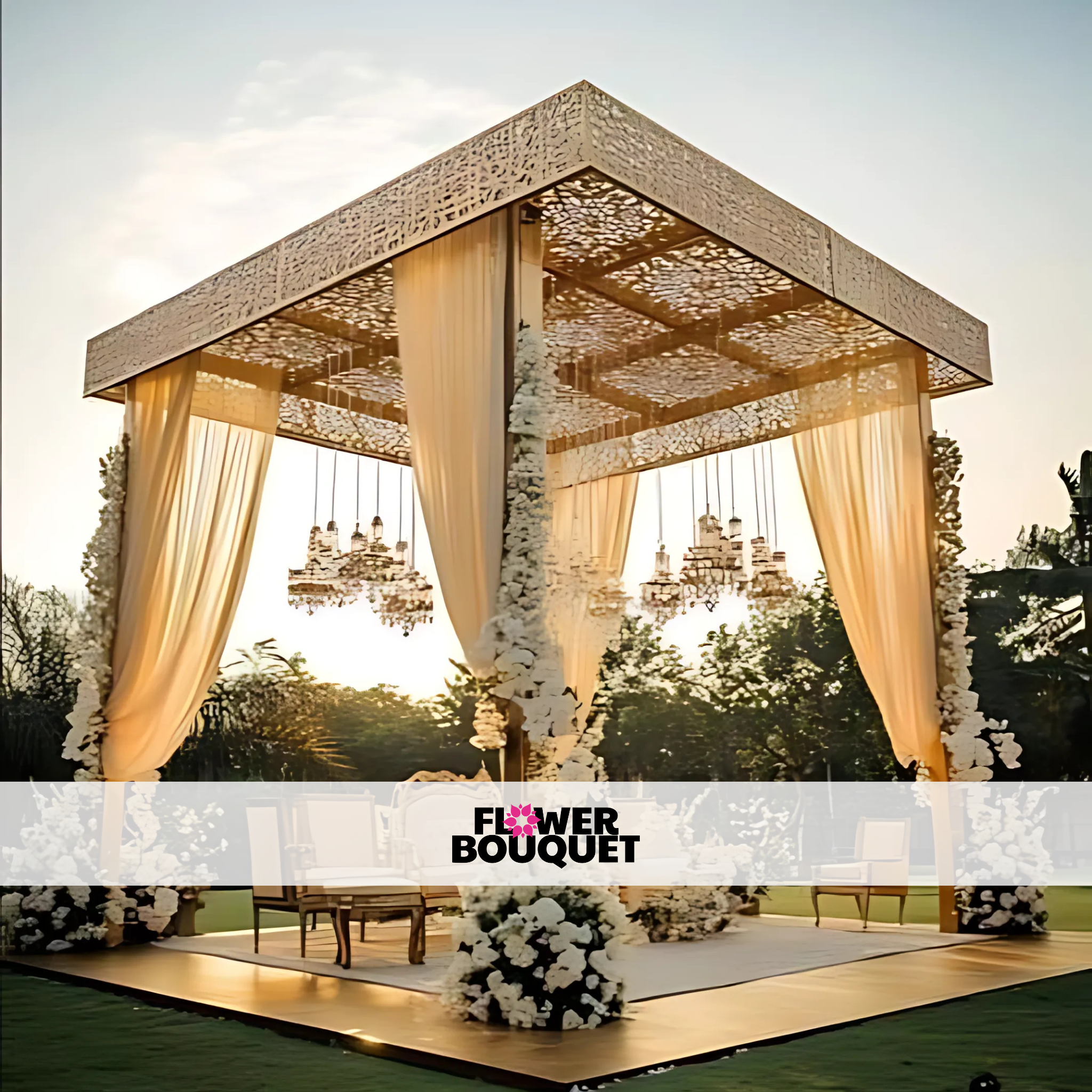 Golden Outdoor Pavilion Wedding Stage with Crystal Chandeliers