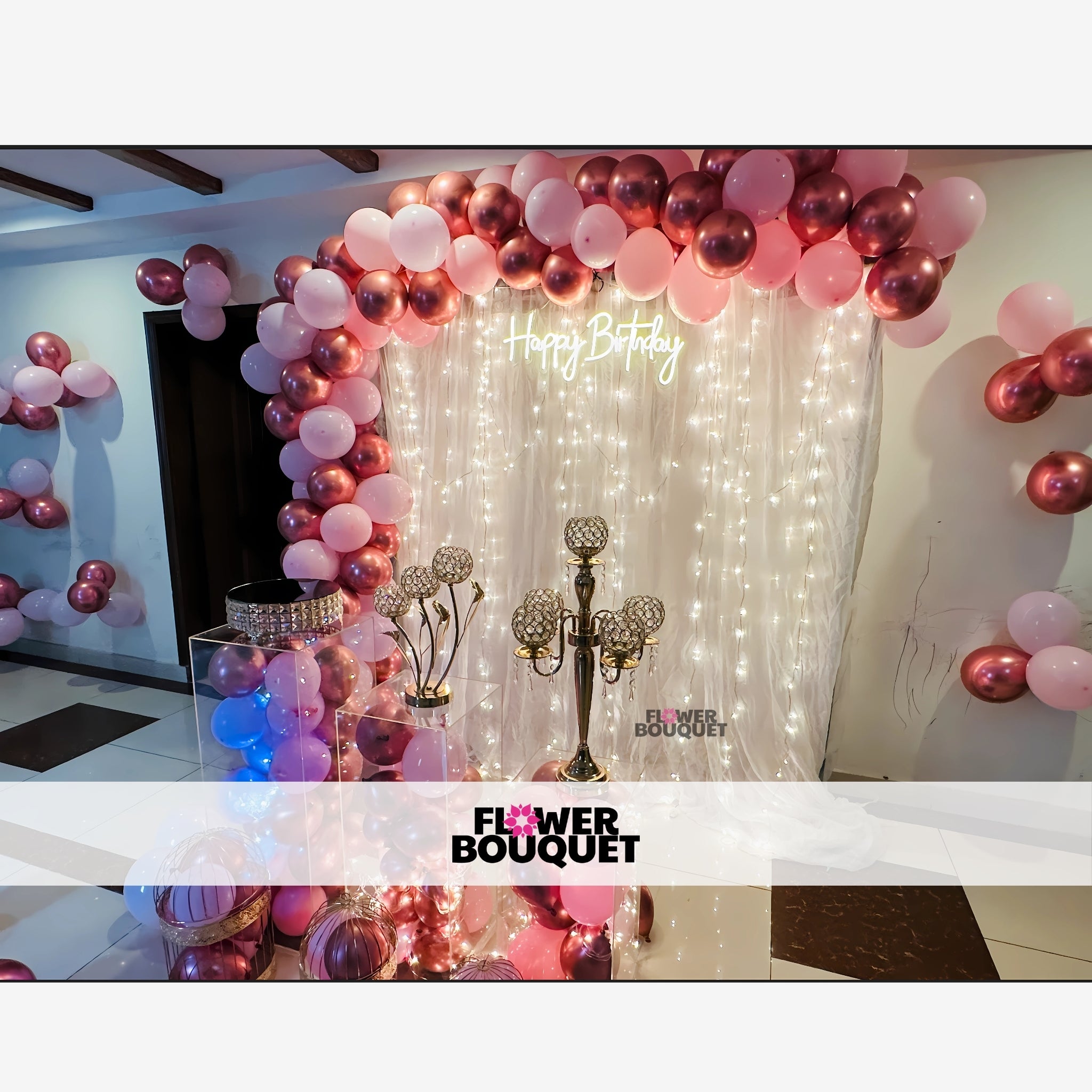 Pink and Rose Gold Balloon Arch Birthday Setup