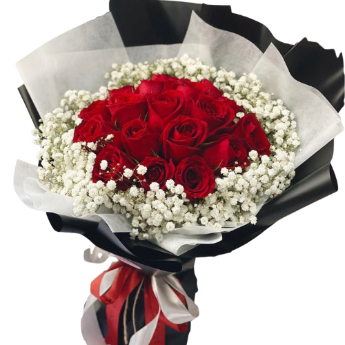 Elegant Red Rose & Baby's Breath Bouquet