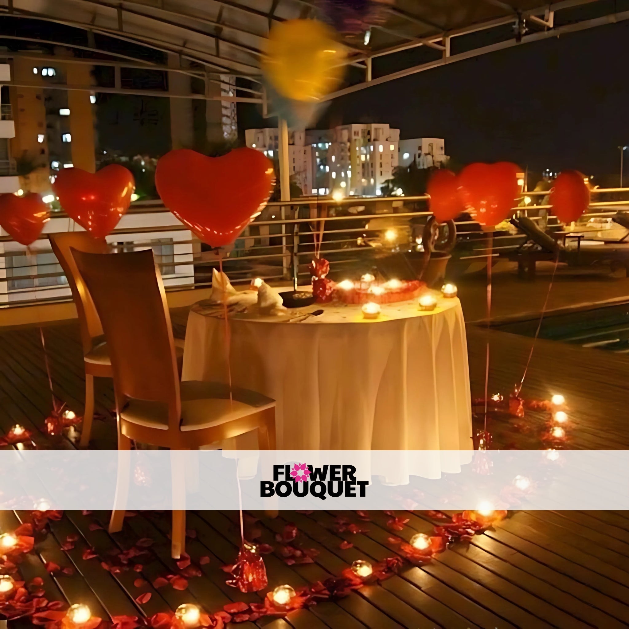 Romantic Rooftop Dinner Setup with Heart Balloons
