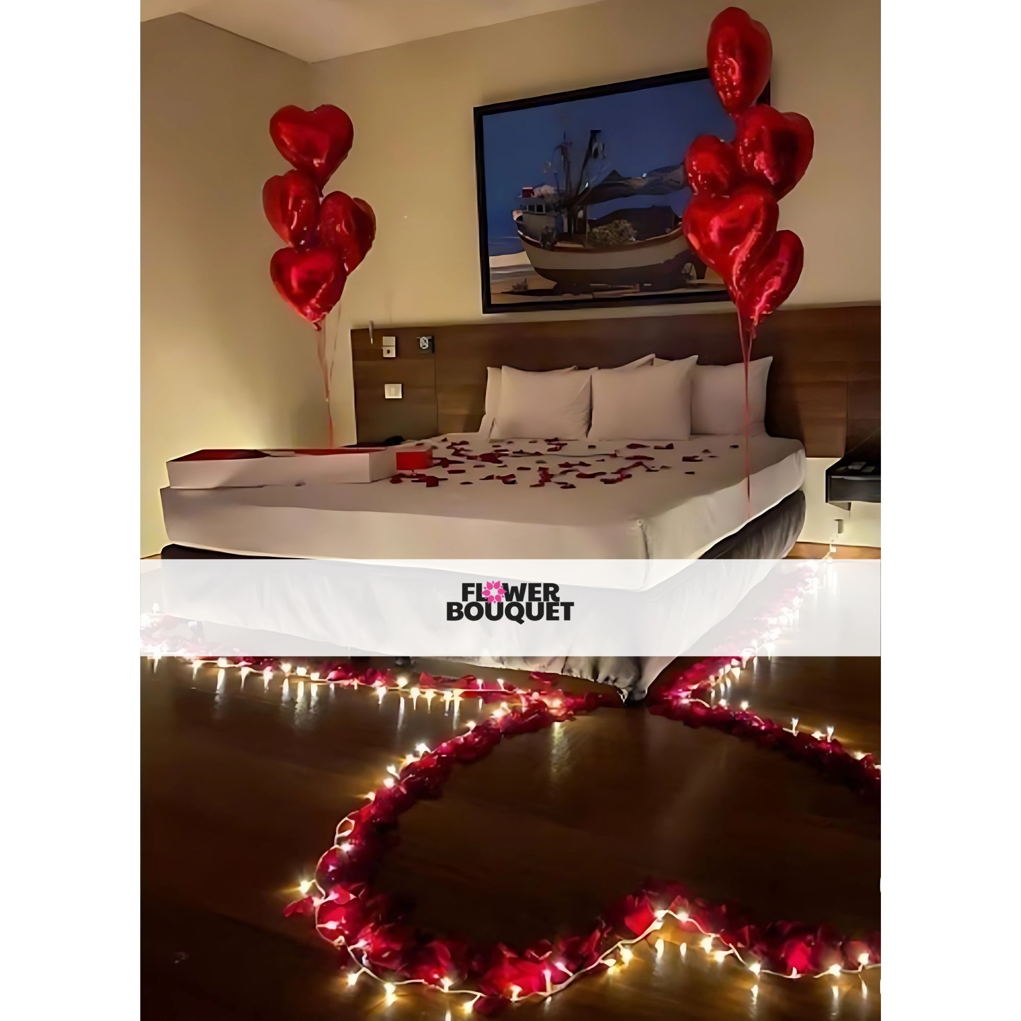 Romantic Heart Balloons and Rose Petals Arrangement
