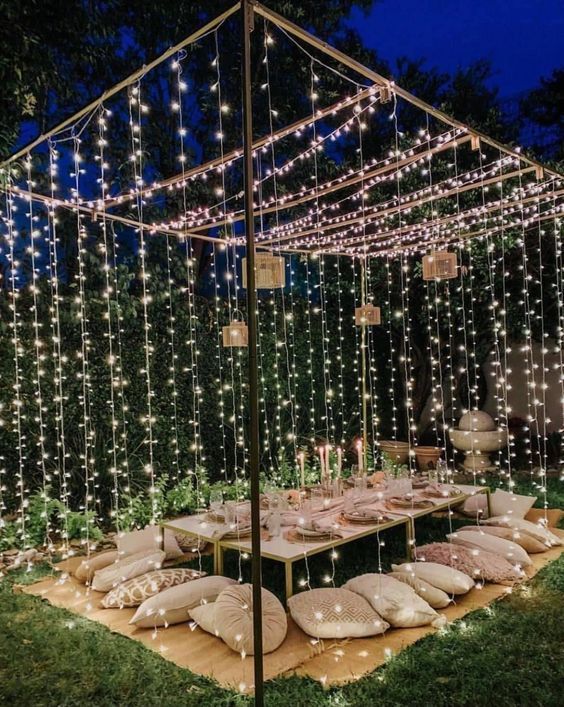Romantic Outdoor Garden Dining with Twinkling String Lights