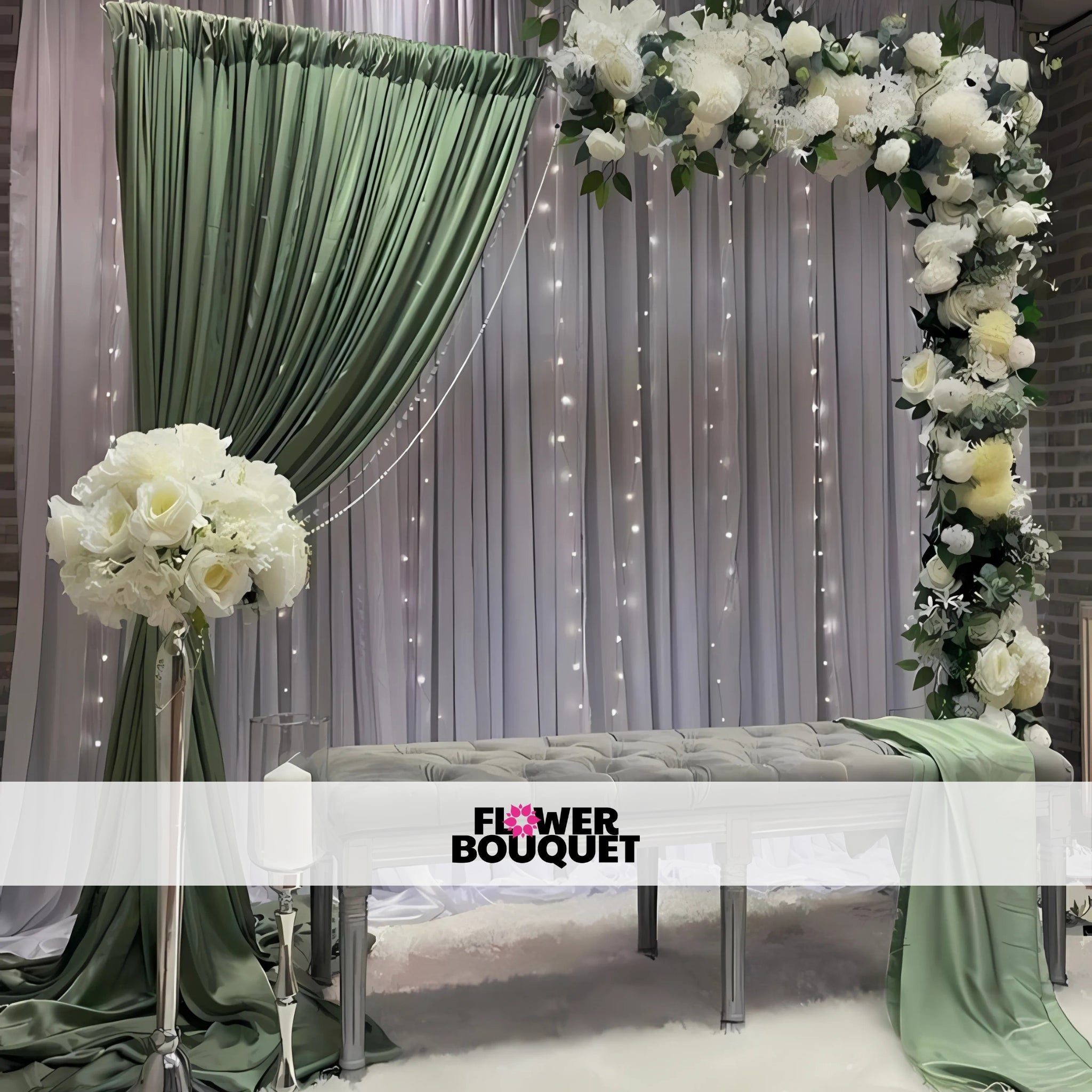 Sage Green and White Nikah Stage with Fairy Lights