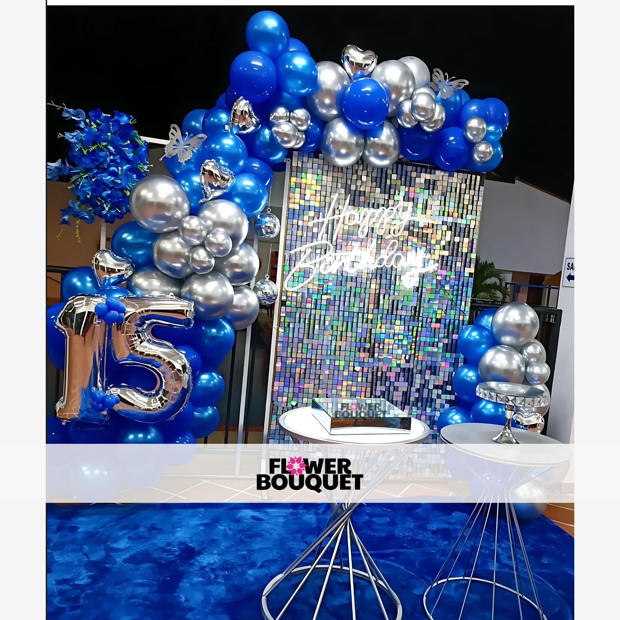 Shimmering Blue and Silver 15th Birthday Setup