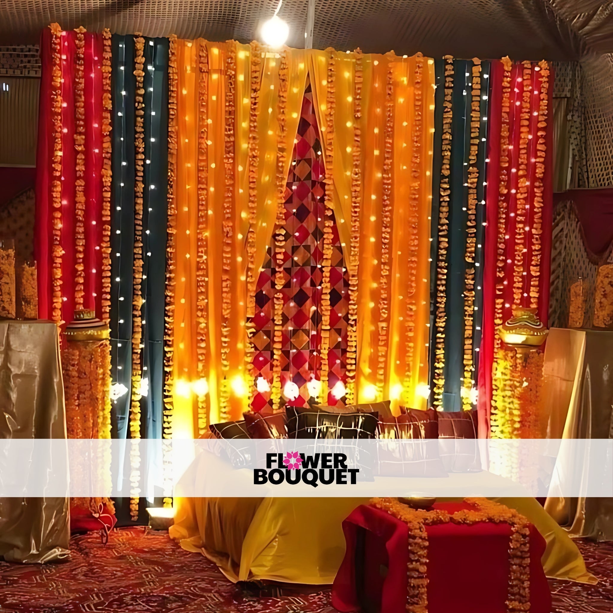 Traditional Mehndi Backdrop with Marigold Strings & Floor Seating