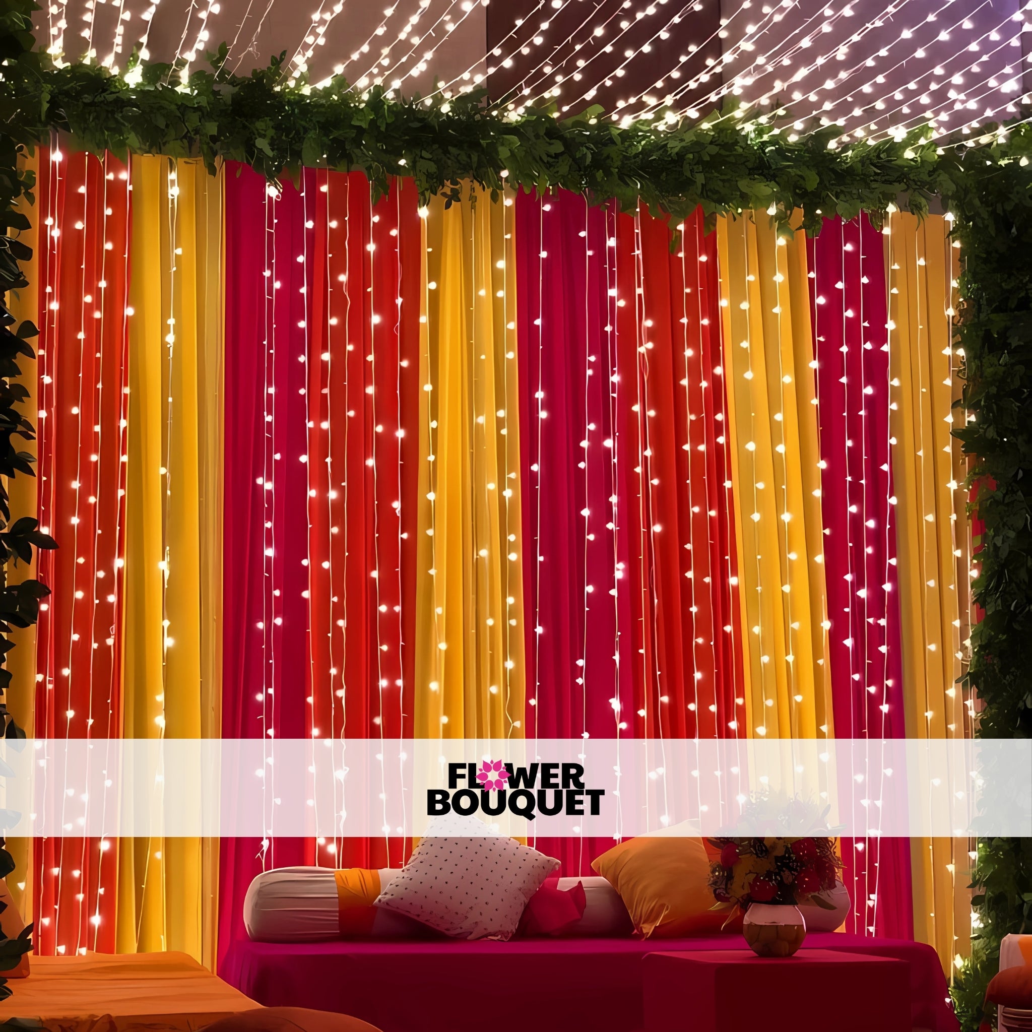 Twinkling Mehndi Backdrop with Fairy Lights & Greenery