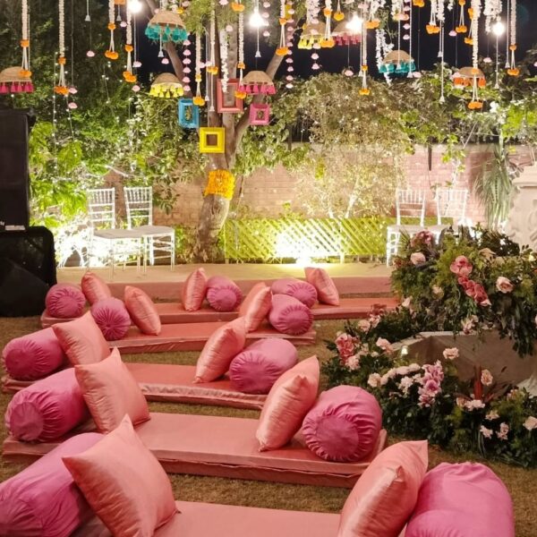 Vibrant Outdoor Seating Decor with Hanging Lanterns