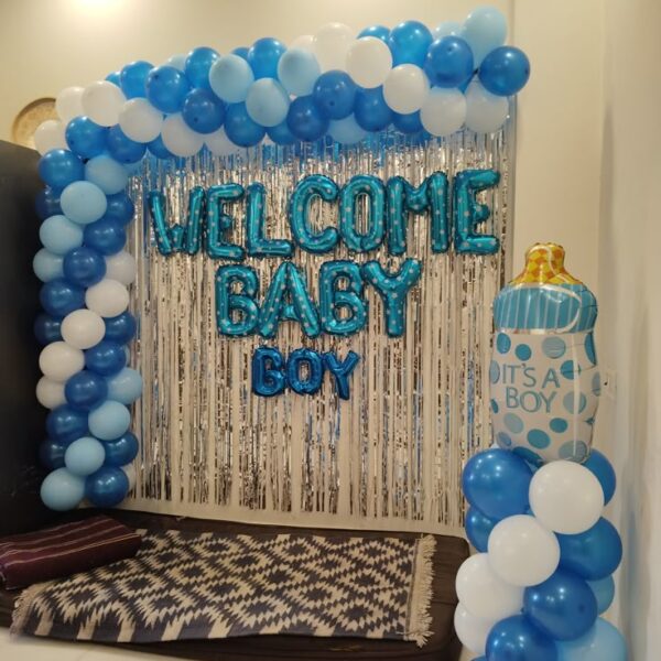 Welcome Baby Boy Blue & White Balloon Decor