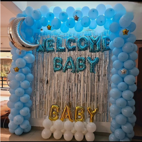Welcome Baby Shower Blue Balloon Arch Backdrop