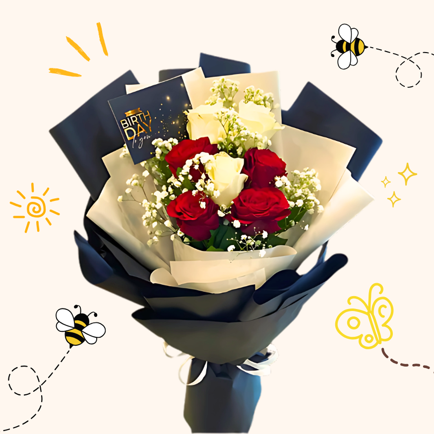Red & White Rose Bouquet with Baby's Breath